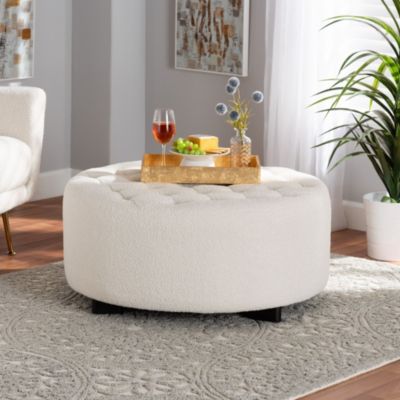 Athena Modern and Contemporary Ivory Boucle Upholstered and Black Finished Wood Round Ottoman