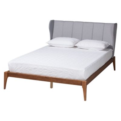 Royce Mid-Century Modern Transitional Light Grey Fabric and Ash Walnut Finished Wood Queen Size Bed