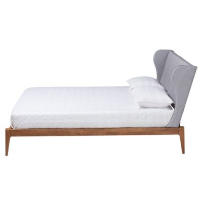 Royce Mid-Century Modern Transitional Light Grey Fabric and Ash Walnut Finished Wood Queen Size Bed