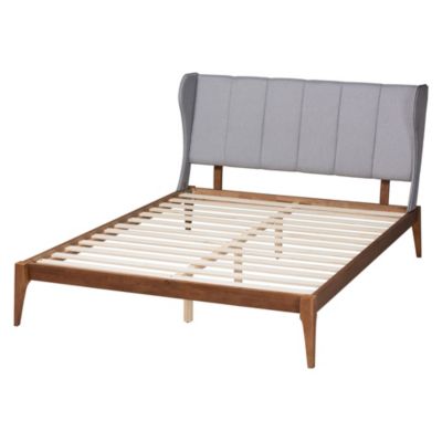 Royce Mid-Century Modern Transitional Light Grey Fabric and Ash Walnut Finished Wood Queen Size Bed