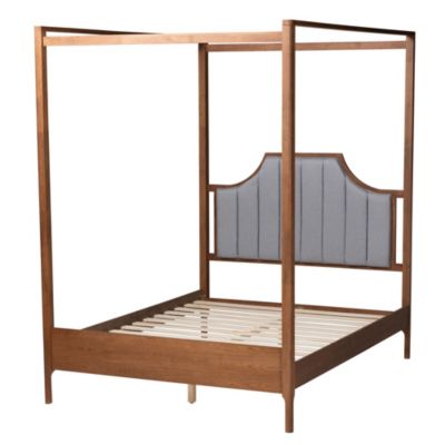 Dakota Classic and Traditional Light Grey Fabric and Ash Walnut Finished Wood Queen Size Platform Canopy Bed