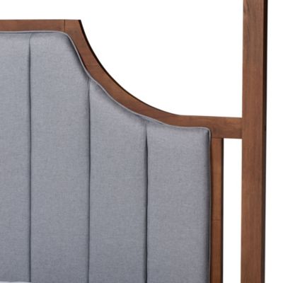 Dakota Classic and Traditional Light Grey Fabric and Ash Walnut Finished Wood Queen Size Platform Canopy Bed