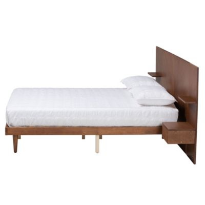 Graham Mid-Century Modern Transitional Ash Walnut Finished Wood Queen Size Platform Storage Bed with Built-In Nightstands