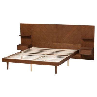 Graham Mid-Century Modern Transitional Ash Walnut Finished Wood Queen Size Platform Storage Bed with Built-In Nightstands