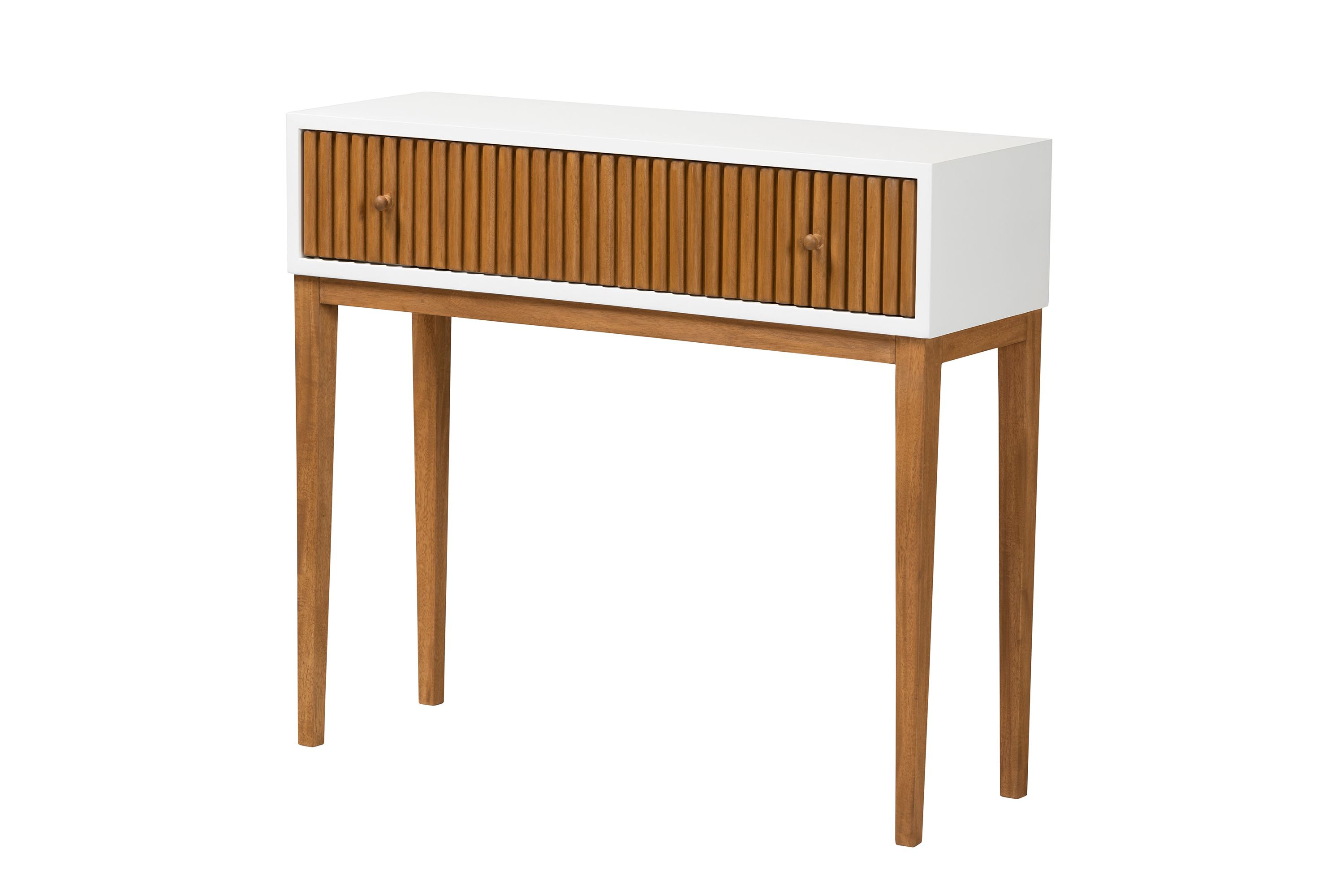 Odile Mid-Century Modern Two-Tone Natural Brown and White Bayur Wood 1-Drawer Console Table