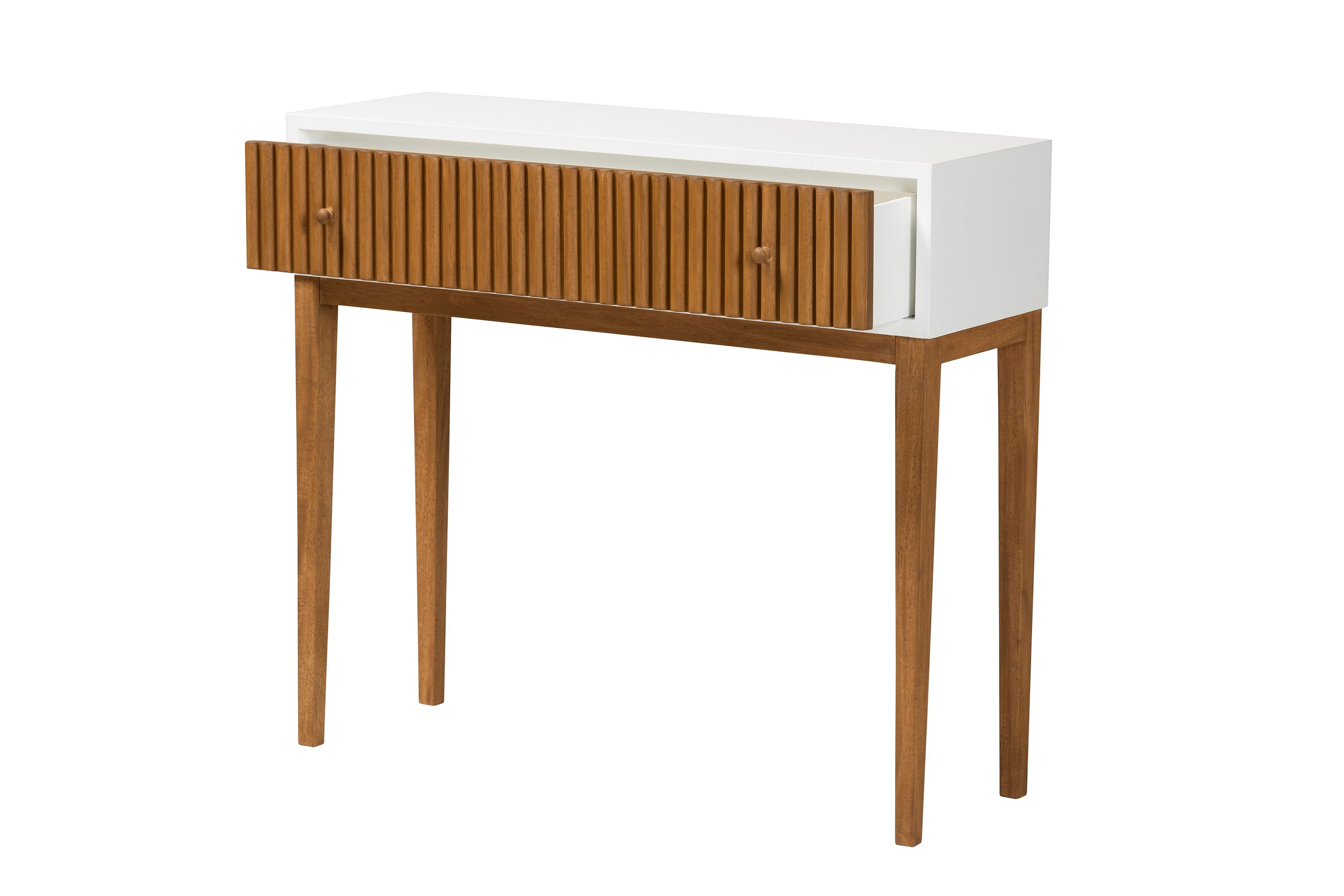 Odile Mid-Century Modern Two-Tone Natural Brown and White Bayur Wood 1-Drawer Console Table