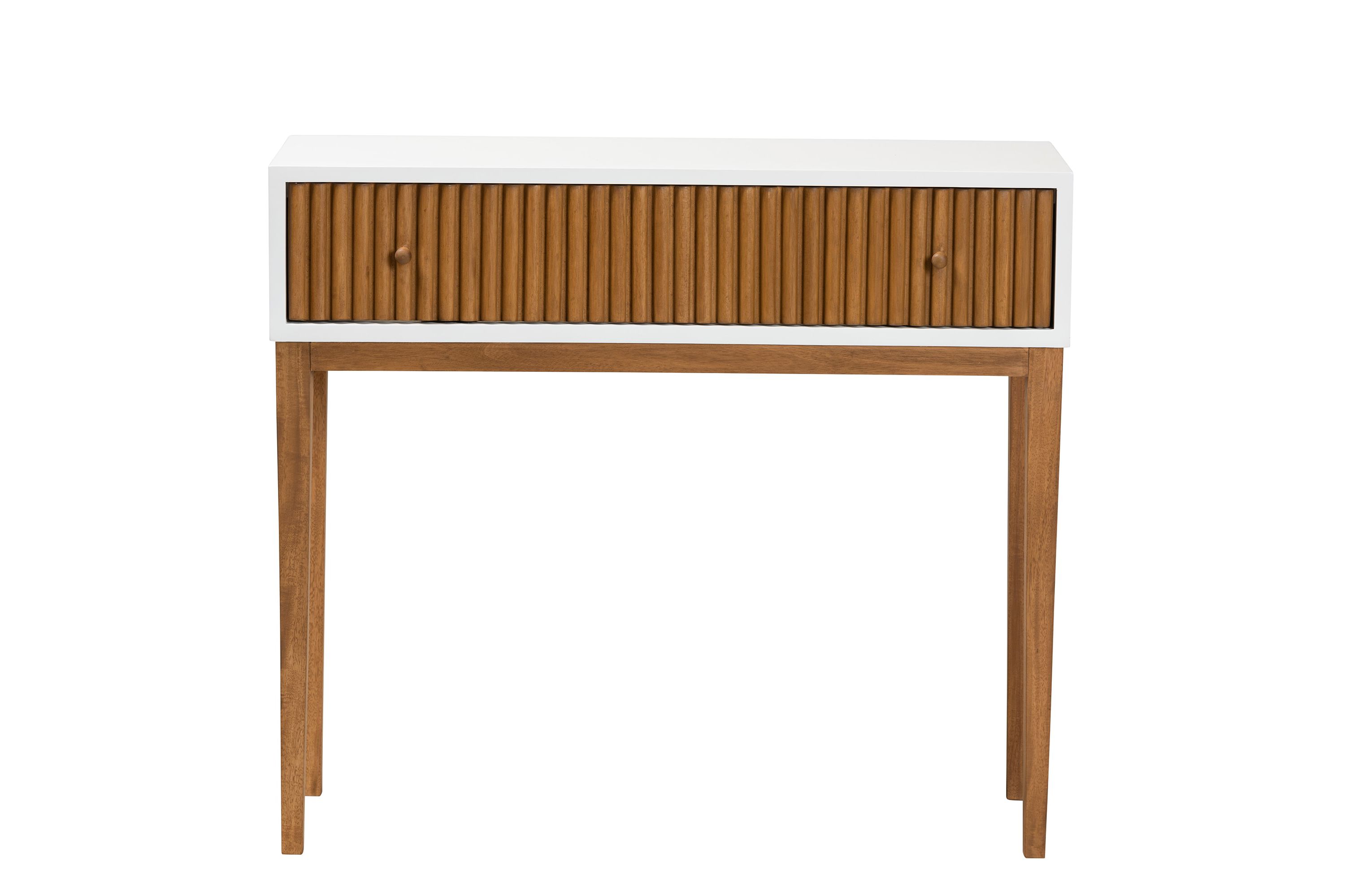 Odile Mid-Century Modern Two-Tone Natural Brown and White Bayur Wood 1-Drawer Console Table