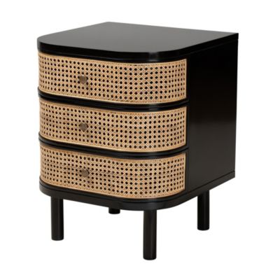 Nabila Modern Bohemian Black Bayur Wood and Natural Rattan 3-Drawer End Table Nightstand