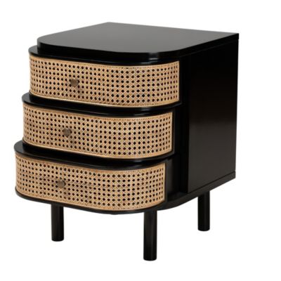 Nabila Modern Bohemian Black Bayur Wood and Natural Rattan 3-Drawer End Table Nightstand