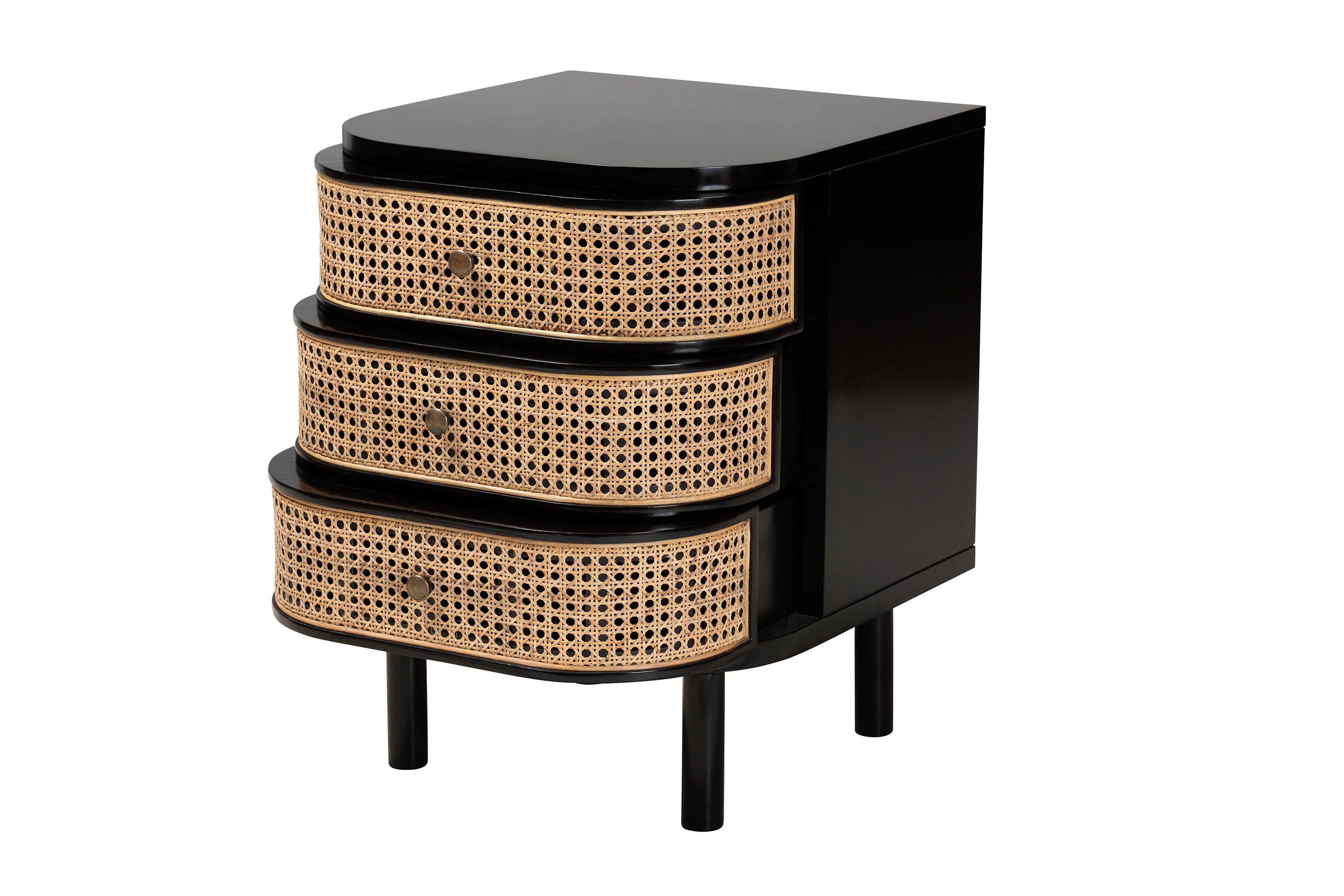 Nabila Modern Bohemian Black Bayur Wood and Natural Rattan 3-Drawer End Table Nightstand