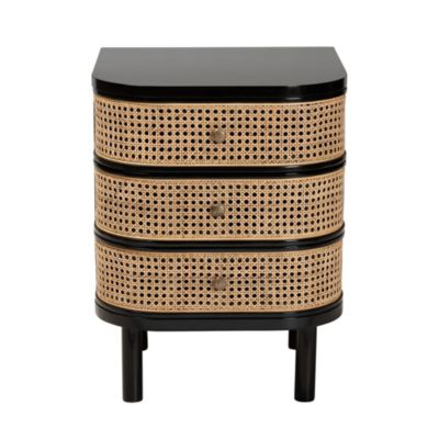 Nabila Modern Bohemian Black Bayur Wood and Natural Rattan 3-Drawer End Table Nightstand