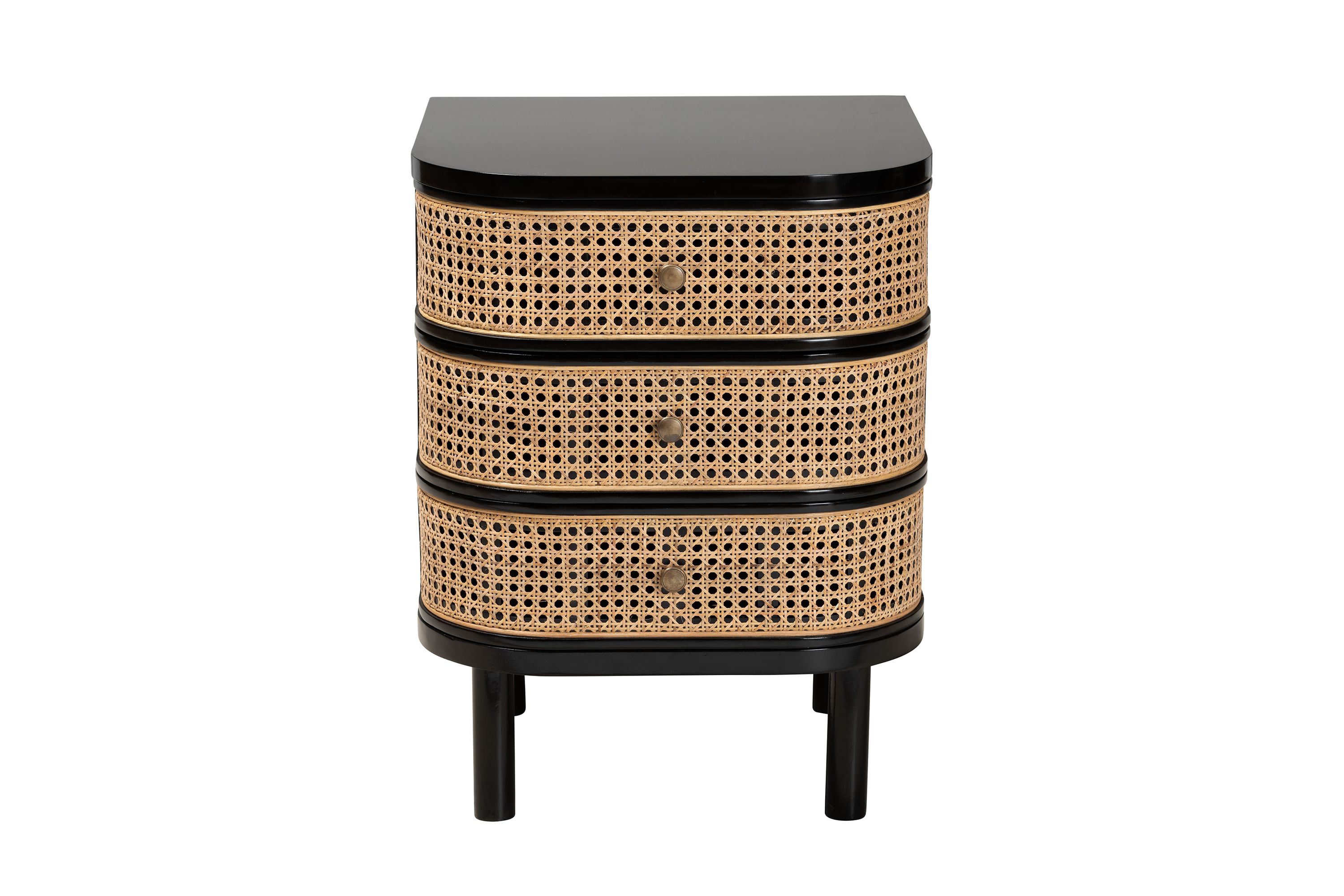 Nabila Modern Bohemian Black Bayur Wood and Natural Rattan 3-Drawer End Table Nightstand