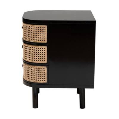 Nabila Modern Bohemian Black Bayur Wood and Natural Rattan 3-Drawer End Table Nightstand