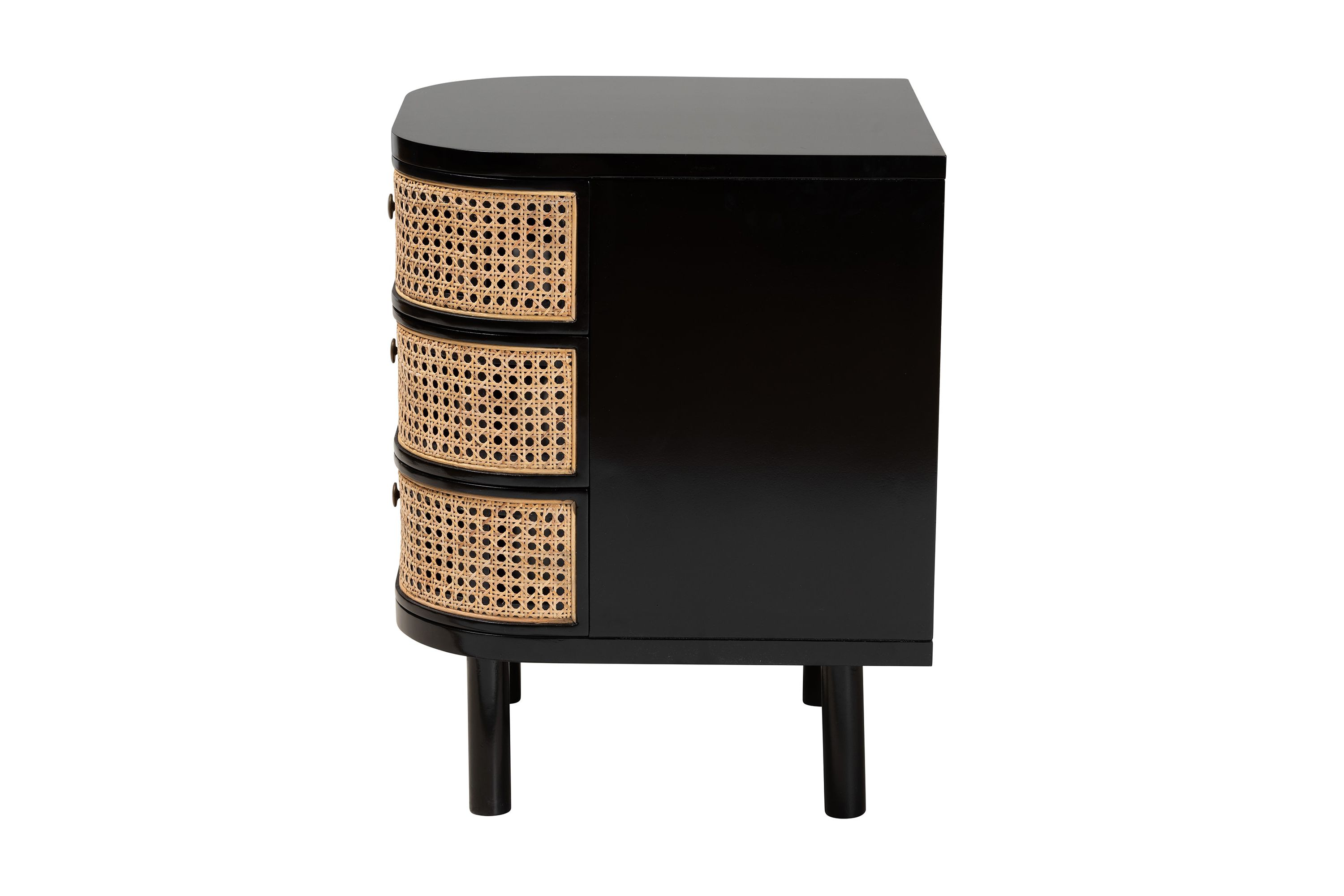 Nabila Modern Bohemian Black Bayur Wood and Natural Rattan 3-Drawer End Table Nightstand