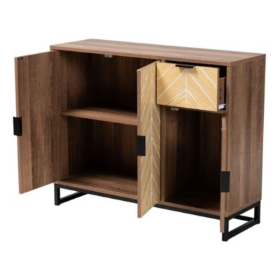 Josephine Mid-Century Modern Transitional Two-Tone Walnut and Natural Brown Finished Wood and Black Metal 3-Door Sideboard