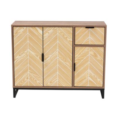 Josephine Mid-Century Modern Transitional Two-Tone Walnut and Natural Brown Finished Wood and Black Metal 3-Door Sideboard