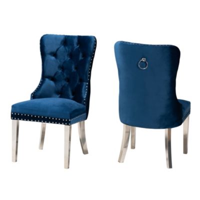 Honora Contemporary Glam and Luxe Navy Blue Velvet Fabric and Silver Metal Dining Chairs