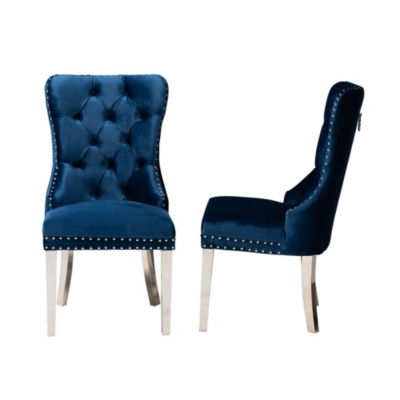 Honora Contemporary Glam and Luxe Navy Blue Velvet Fabric and Silver Metal Dining Chairs