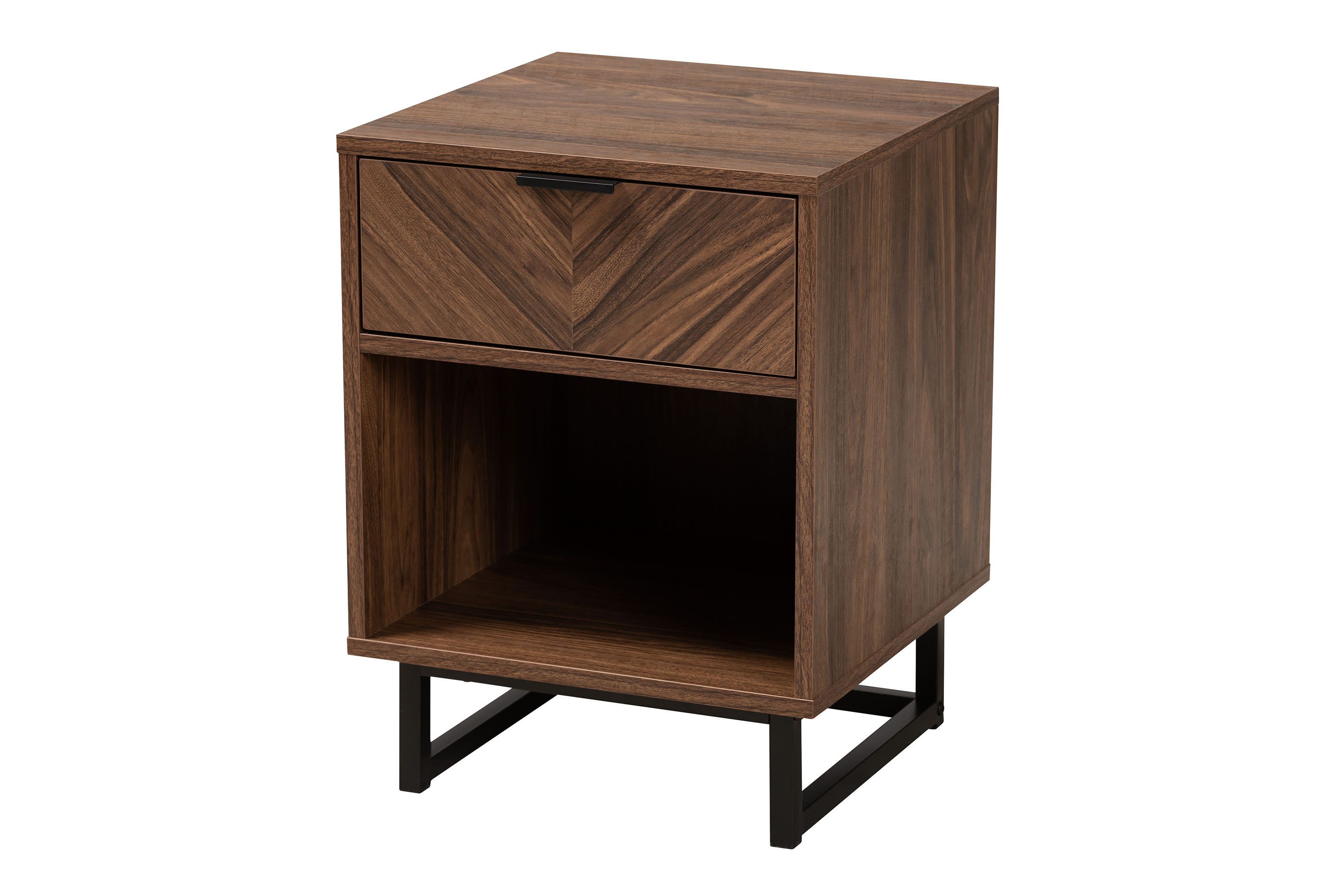 Sadia Modern Walnut Brown Finished Wood and Black Metal 1-Drawer End Table