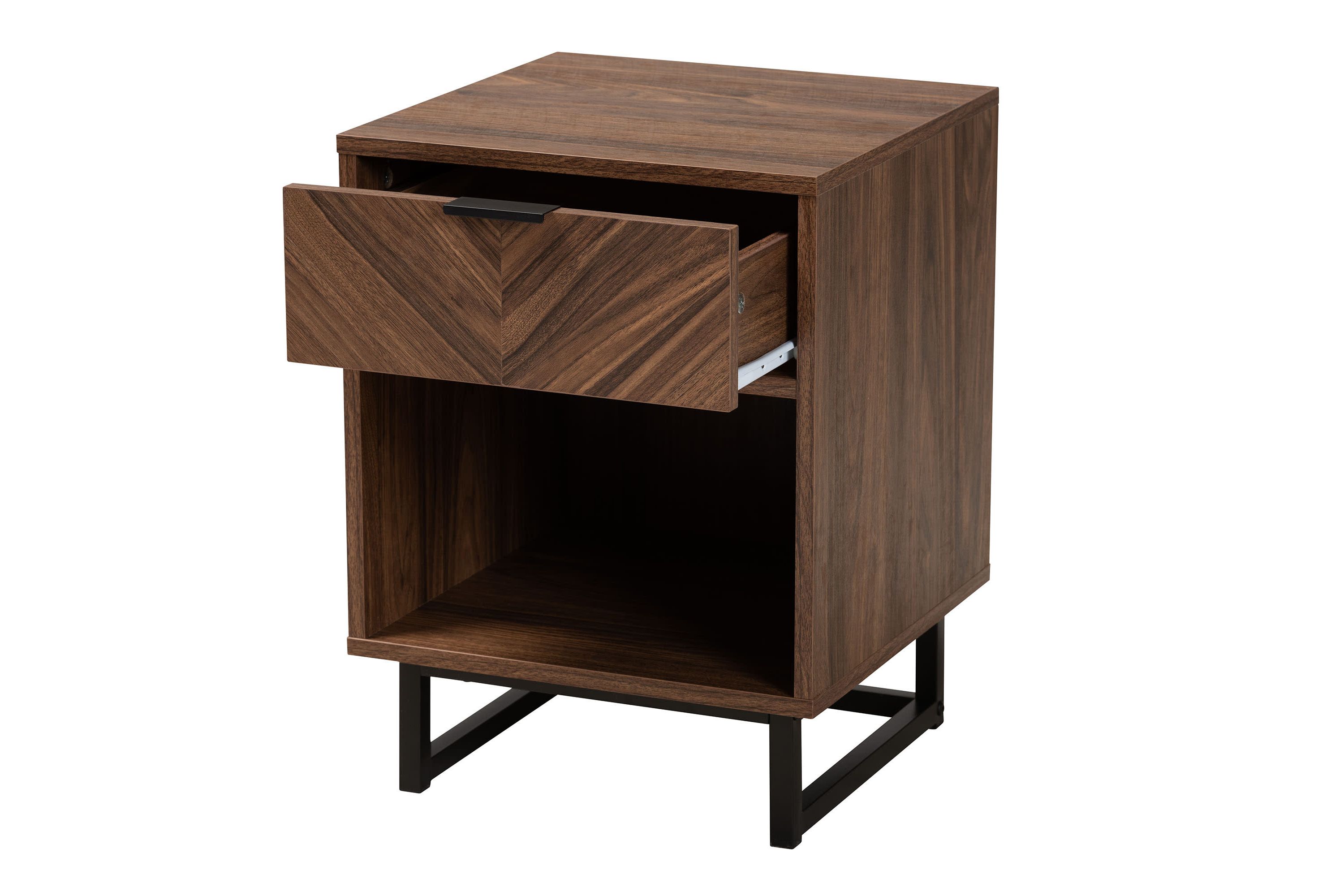 Sadia Modern Walnut Brown Finished Wood and Black Metal 1-Drawer End Table