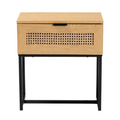 Sawyer Mid-Century Modern Industrial Oak Brown Finished Wood and Black Metal 1-Drawer End Table with Natural Rattan