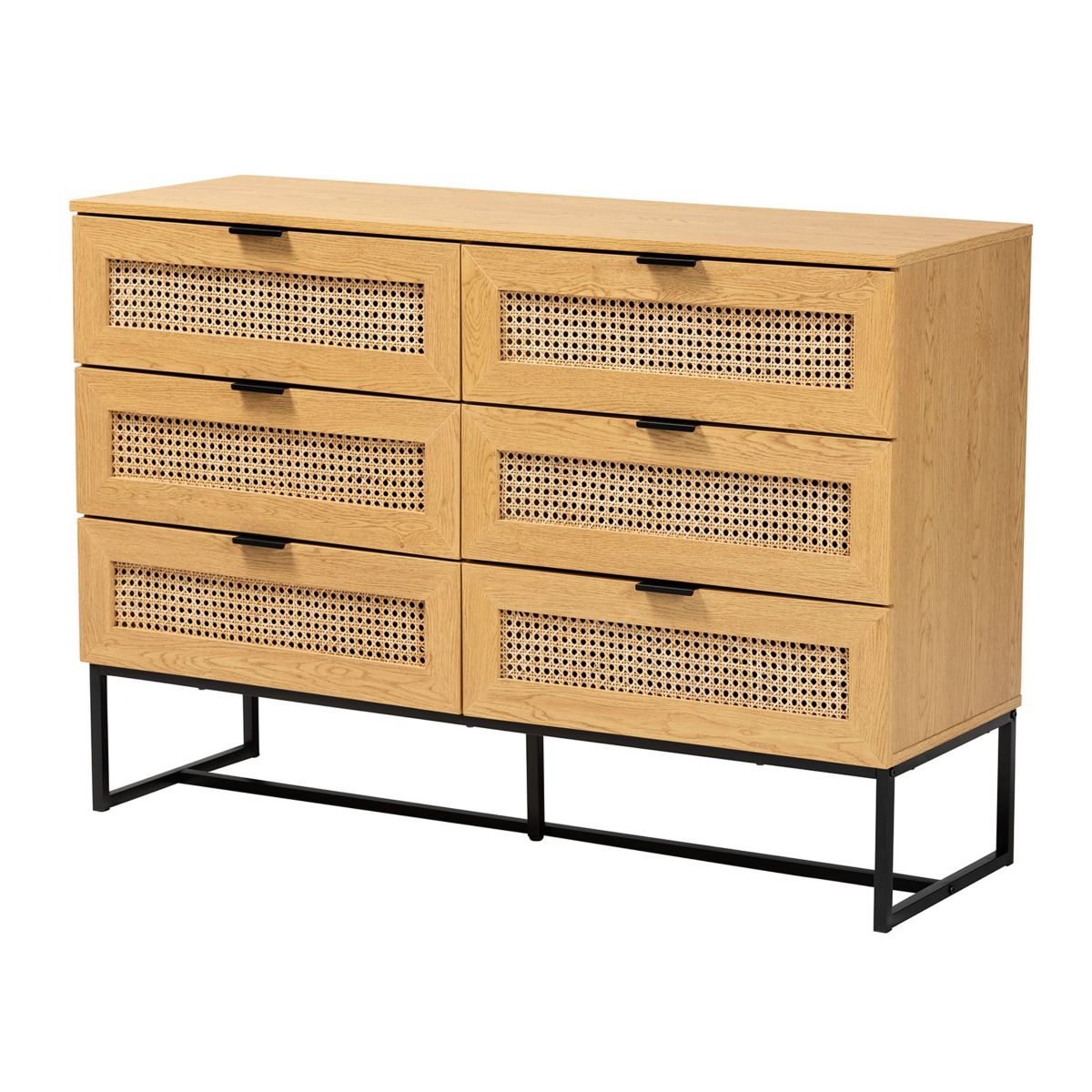 Sawyer Mid-Century Modern Industrial Oak Brown Finished Wood and Black Metal 6-Drawer Storage Cabinet with Natural Rattan