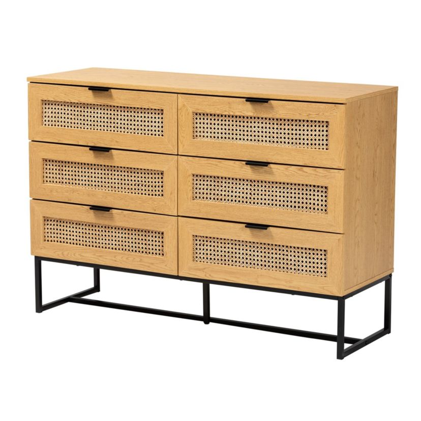 Sawyer Mid-Century Modern Industrial Oak Brown Finished Wood and Black Metal 6-Drawer Storage Cabinet with Natural Rattan