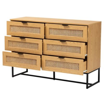 Sawyer Mid-Century Modern Industrial Oak Brown Finished Wood and Black Metal 6-Drawer Storage Cabinet with Natural Rattan