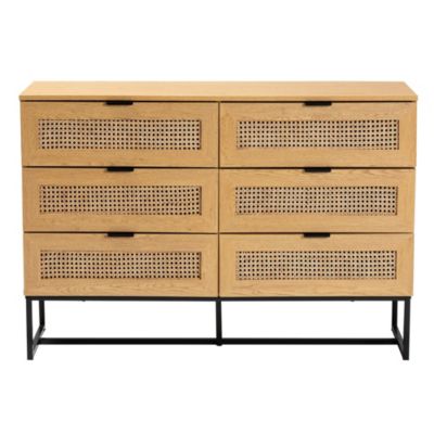 Sawyer Mid-Century Modern Industrial Oak Brown Finished Wood and Black Metal 6-Drawer Storage Cabinet with Natural Rattan