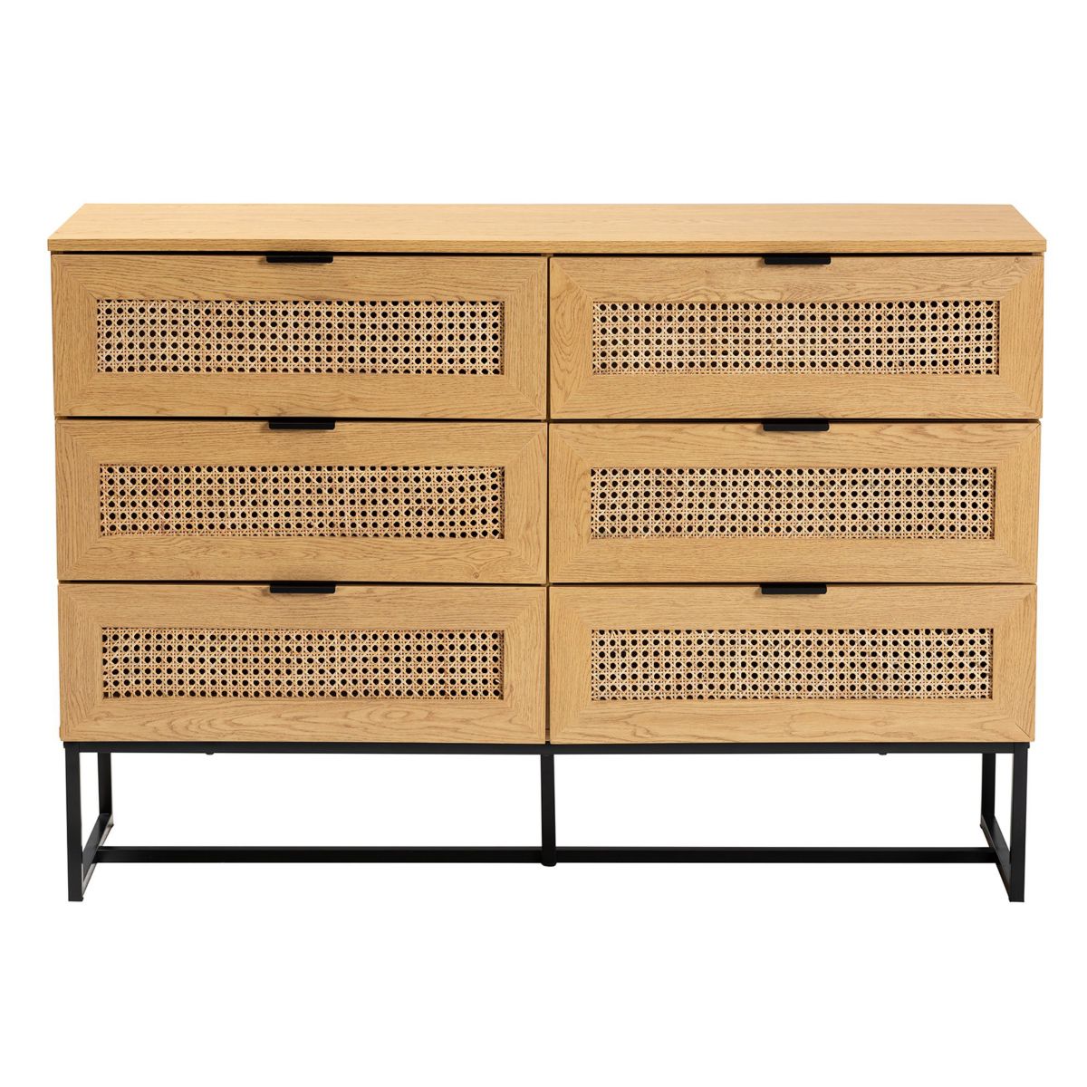 Sawyer Mid-Century Modern Industrial Oak Brown Finished Wood and Black Metal 6-Drawer Storage Cabinet with Natural Rattan