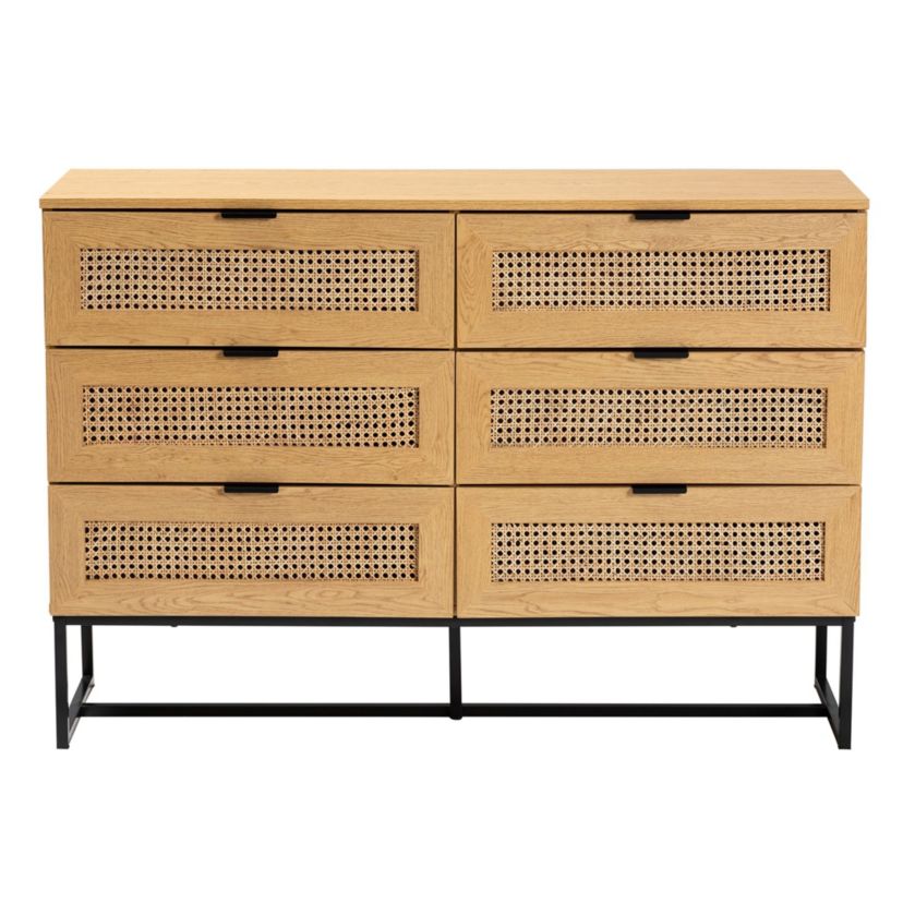 Sawyer Mid-Century Modern Industrial Oak Brown Finished Wood and Black Metal 6-Drawer Storage Cabinet with Natural Rattan