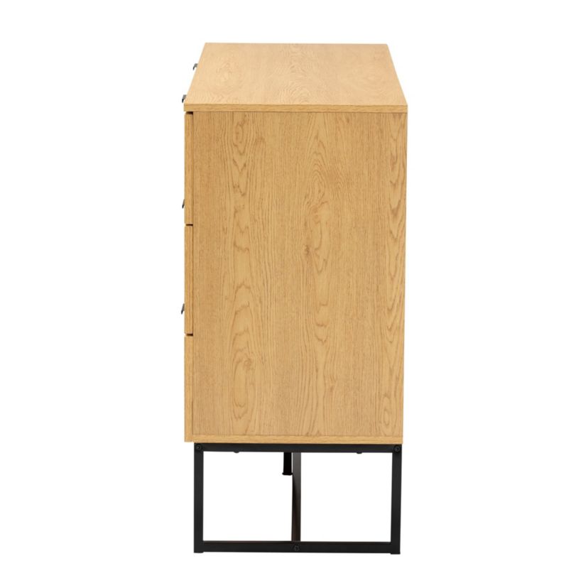 Sawyer Mid-Century Modern Industrial Oak Brown Finished Wood and Black Metal 6-Drawer Storage Cabinet with Natural Rattan