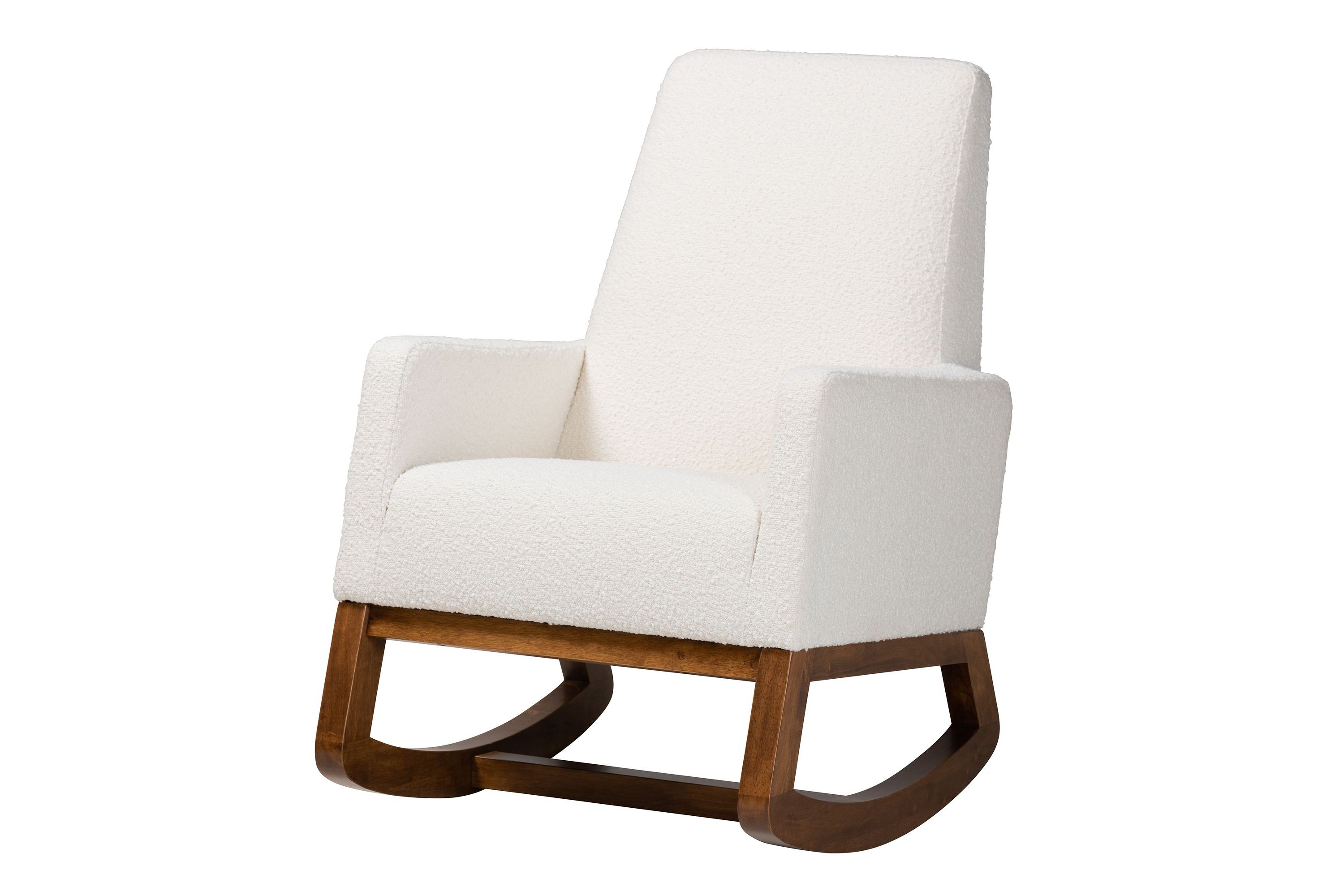 Yashiya Mid-Century Modern Off-White Boucle Upholstered and Walnut Brown Finished Wood Rocking Chair