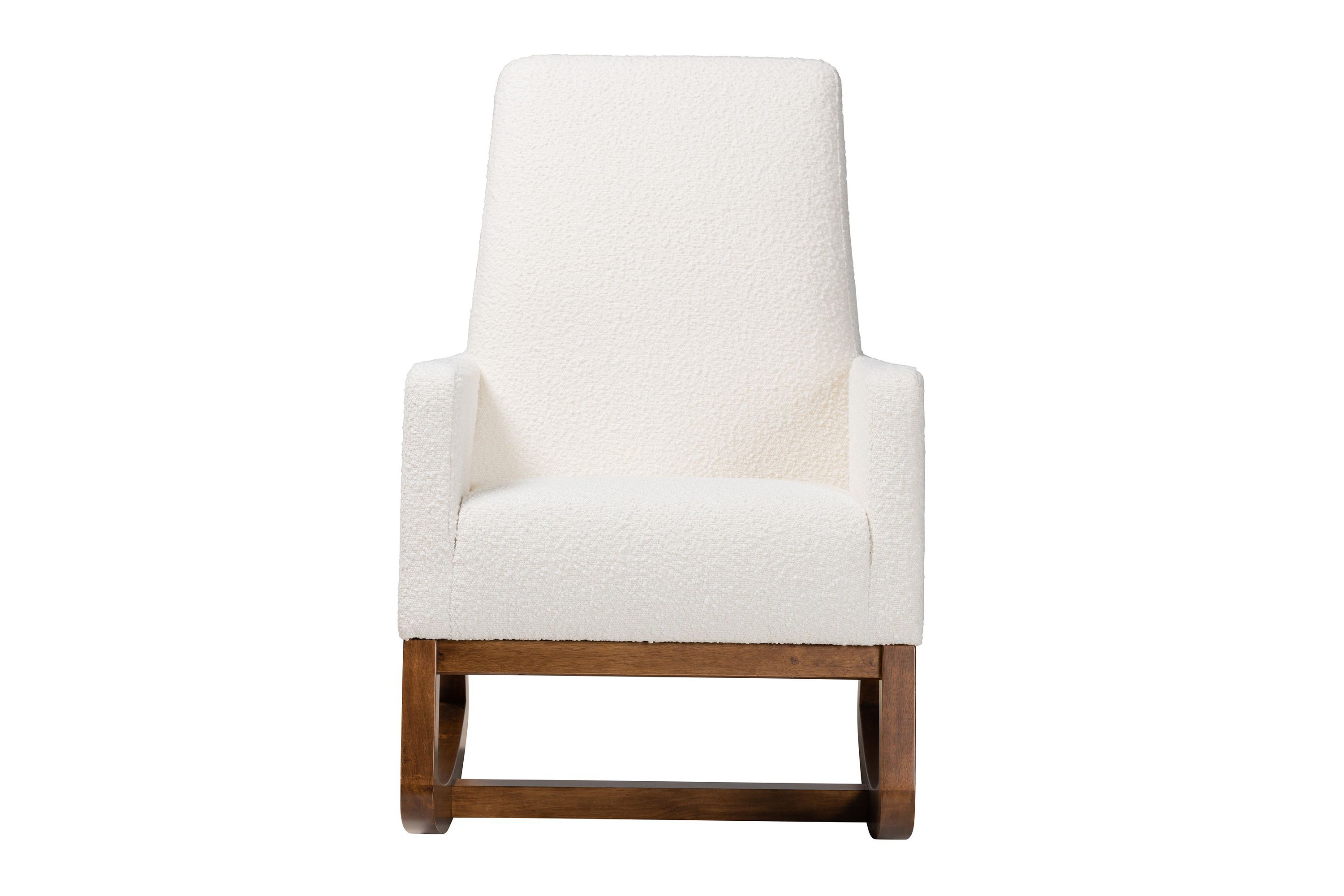 Yashiya Mid-Century Modern Off-White Boucle Upholstered and Walnut Brown Finished Wood Rocking Chair