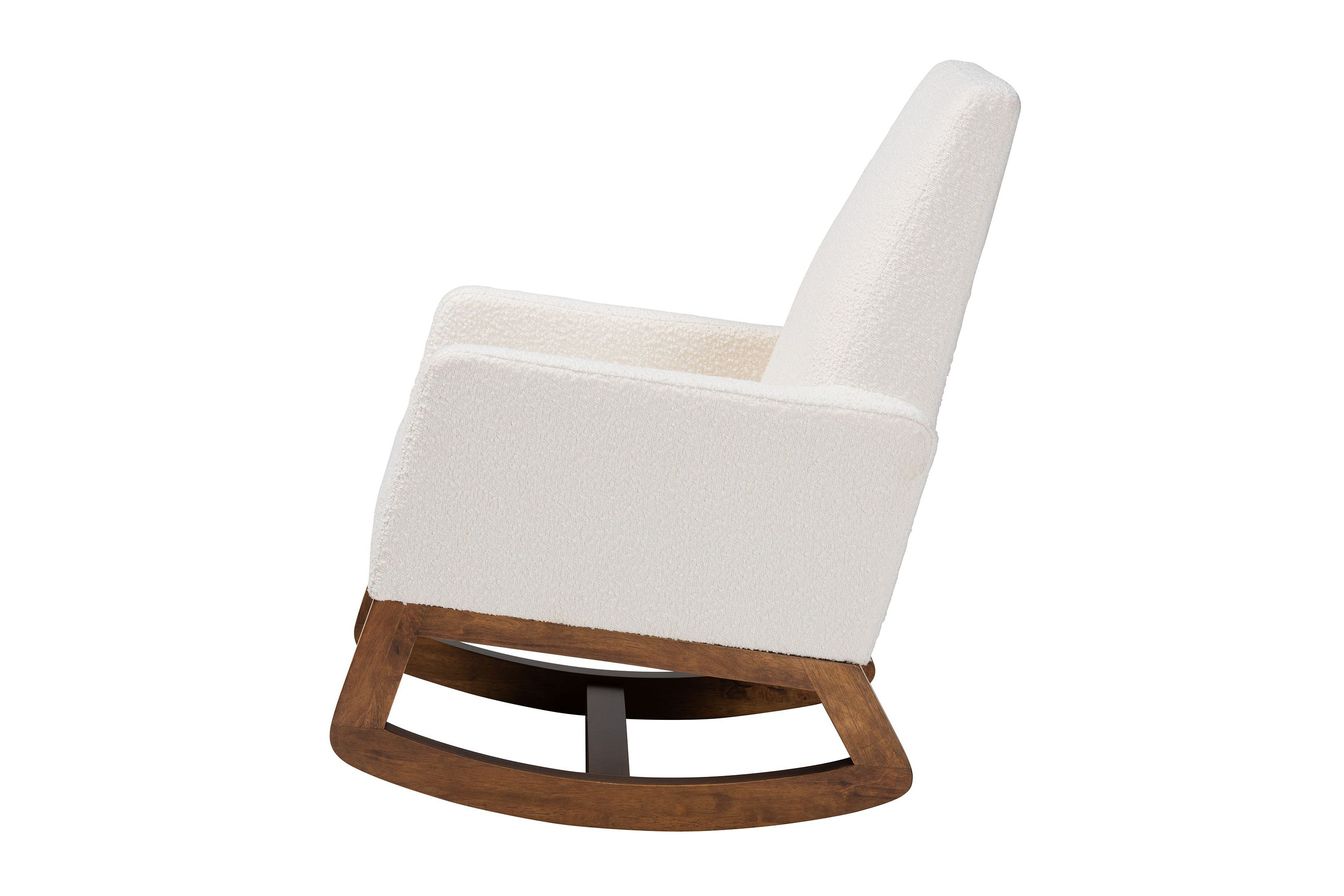 Yashiya Mid-Century Modern Off-White Boucle Upholstered and Walnut Brown Finished Wood Rocking Chair
