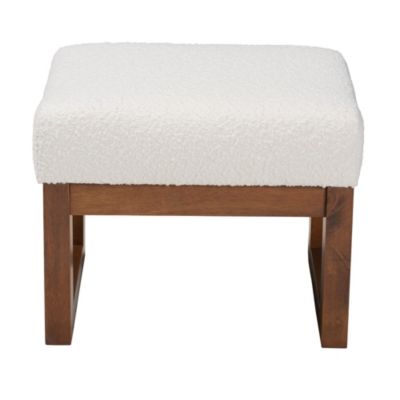 Yashiya Mid-Century Modern Off-White Boucle Upholstered and Walnut Brown Finished Wood Ottoman Footstool