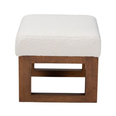 Yashiya Mid-Century Modern Off-White Boucle Upholstered and Walnut Brown Finished Wood Ottoman Footstool