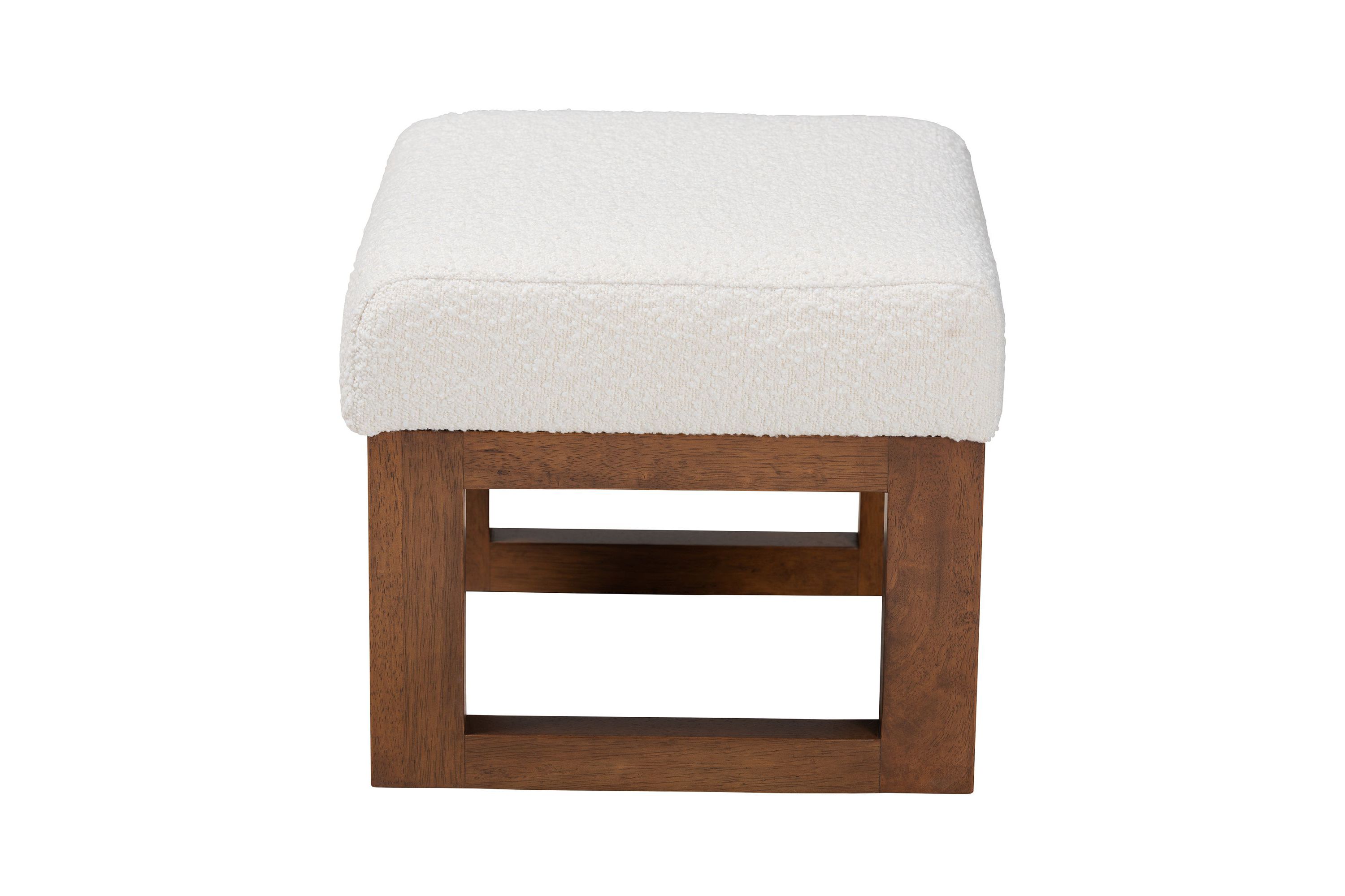 Yashiya Mid-Century Modern Off-White Boucle Upholstered and Walnut Brown Finished Wood Ottoman Footstool