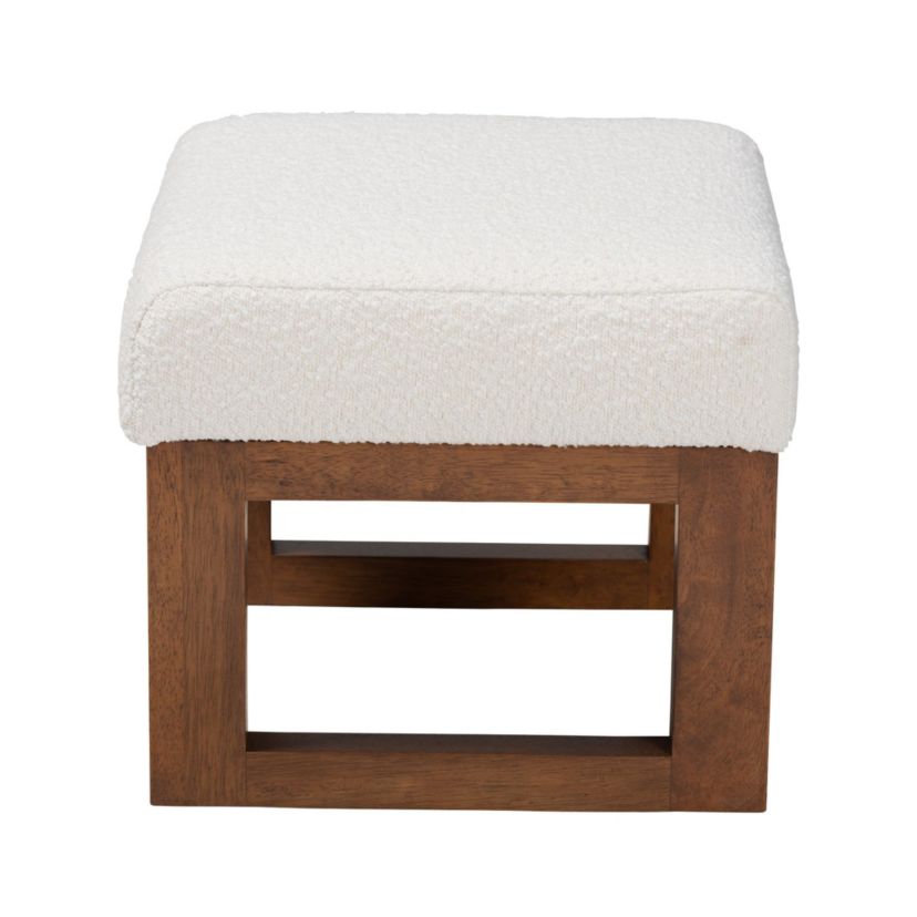 Yashiya Mid-Century Modern Off-White Boucle Upholstered and Walnut Brown Finished Wood Ottoman Footstool