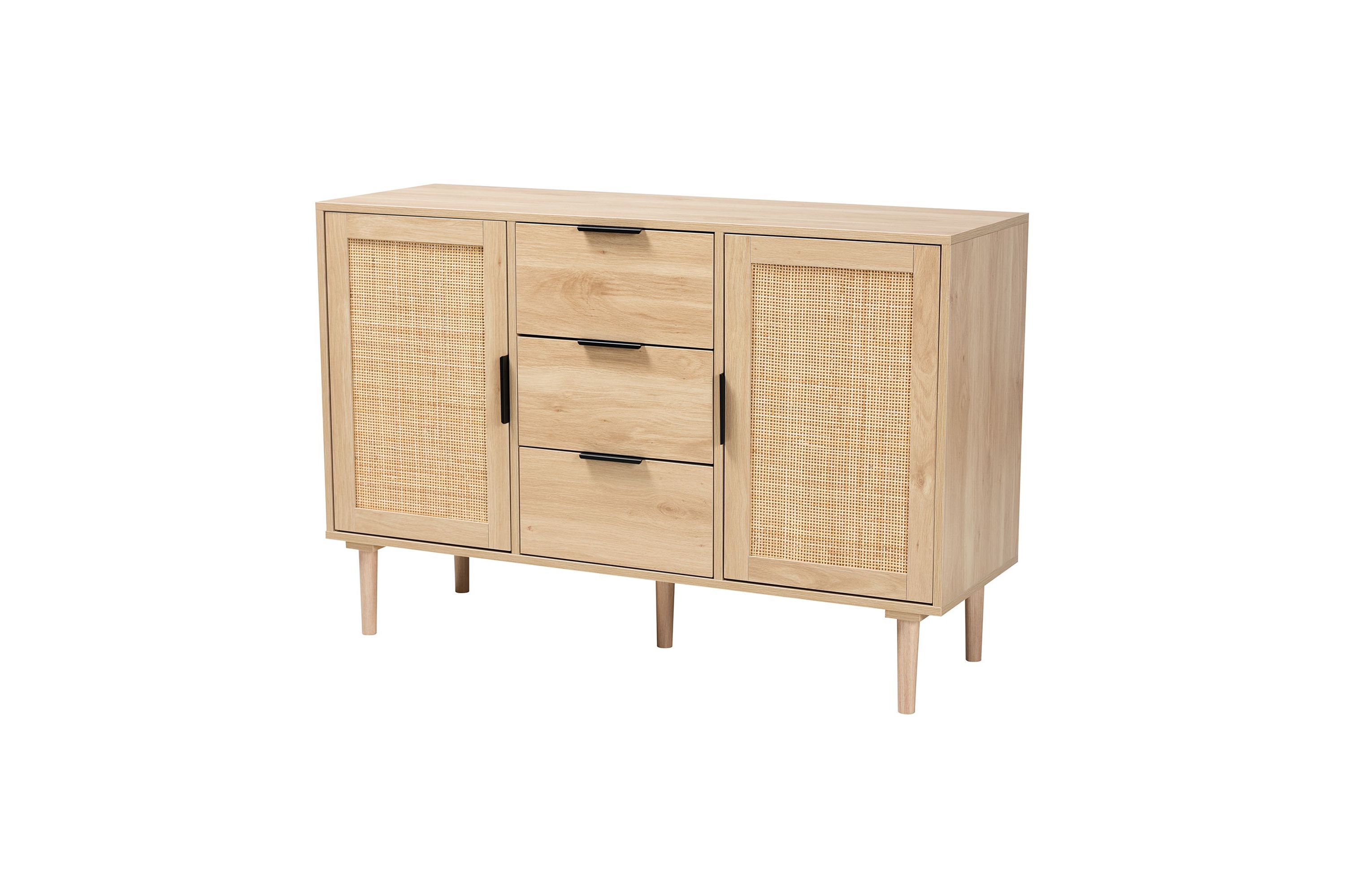 Harrison Mid-Century Modern Natural Brown Finished Wood and Natural Rattan 3-Drawer Sideboard