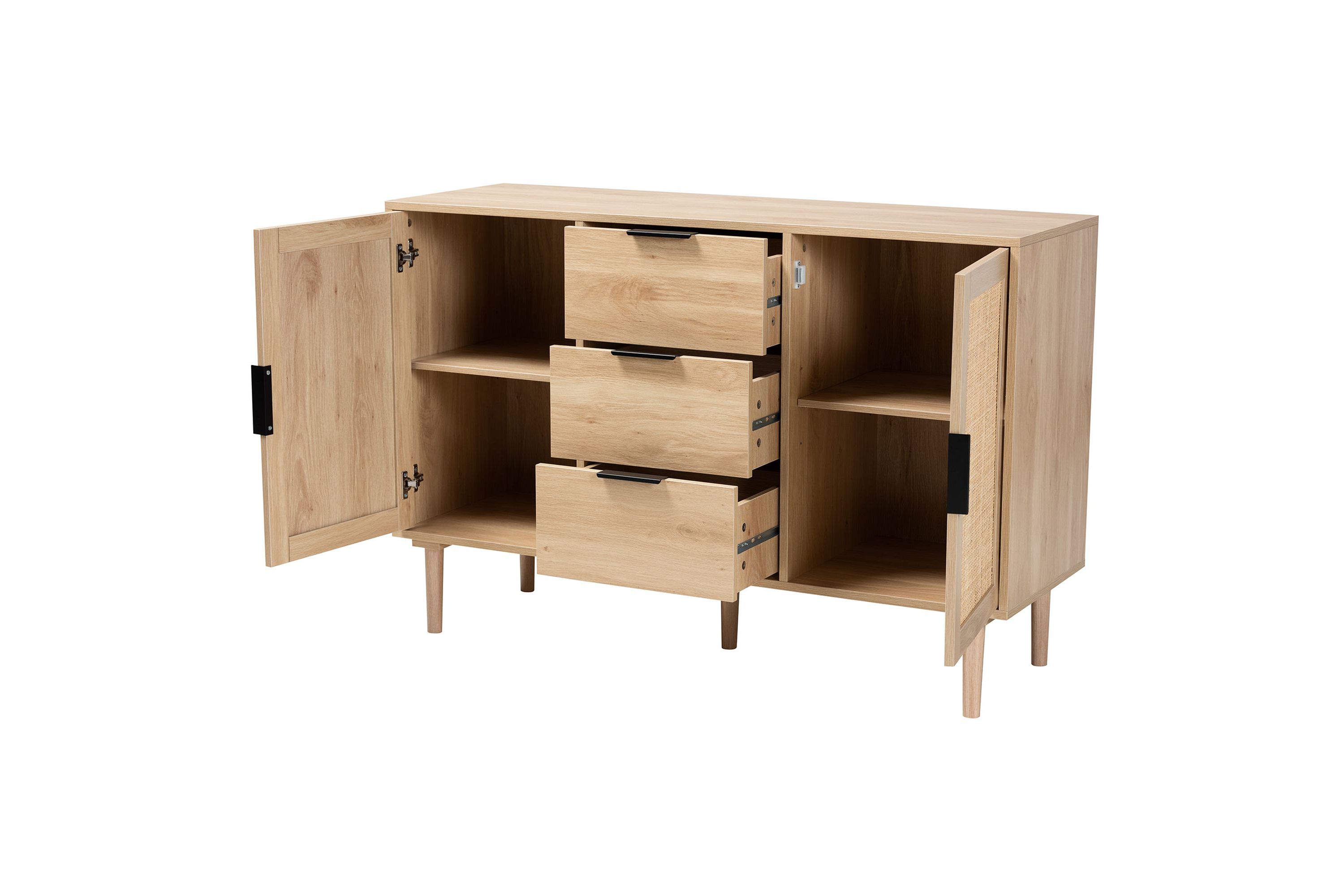 Harrison Mid-Century Modern Natural Brown Finished Wood and Natural Rattan 3-Drawer Sideboard