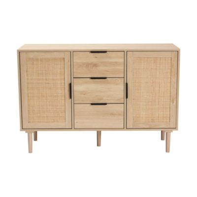 Harrison Mid-Century Modern Natural Brown Finished Wood and Natural Rattan 3-Drawer Sideboard