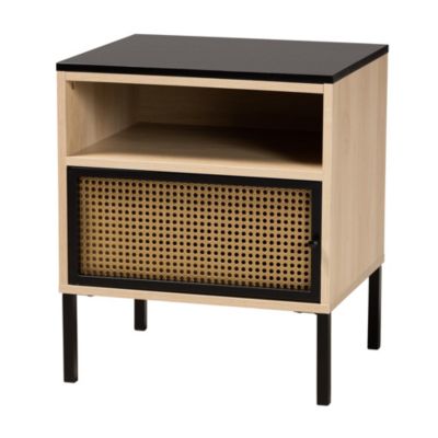 Felton Mid-Century Modern Two-Tone Black and Gold Metal and Light Brown Finished Wood 1-Door End Table