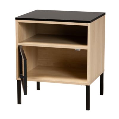 Felton Mid-Century Modern Two-Tone Black and Gold Metal and Light Brown Finished Wood 1-Door End Table