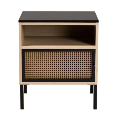 Felton Mid-Century Modern Two-Tone Black and Gold Metal and Light Brown Finished Wood 1-Door End Table