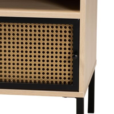 Felton Mid-Century Modern Two-Tone Black and Gold Metal and Light Brown Finished Wood 1-Door End Table