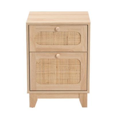 Elsbeth Mid-Century Modern Light Brown Finished Wood and Natural Rattan 1-Drawer End Table