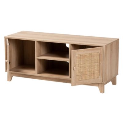 Elsbeth Mid-Century Modern Light Brown Finished Wood and Natural Rattan 2-Door TV Stand