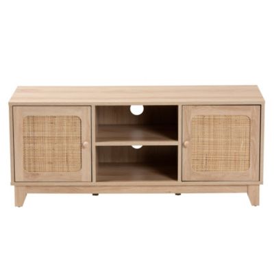 Elsbeth Mid-Century Modern Light Brown Finished Wood and Natural Rattan 2-Door TV Stand
