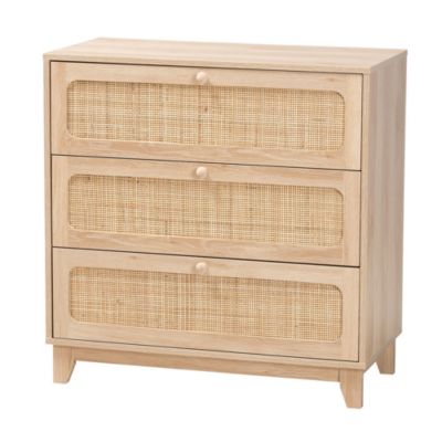 Baxton Studio Elsbeth Japandi Oak Brown Finished Wood and Natural Rattan 3-Drawer Storage Cabinet